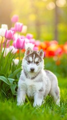 Puppy in a garden of vibrant tulips and lush greenery