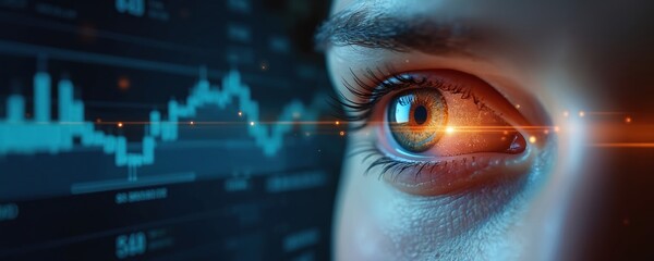 Close-up of human eye with futuristic digital interface. Eye tracking technology analyzes human perception. Person gaze interacts with virtual graphics, charts on screen. Data visualization