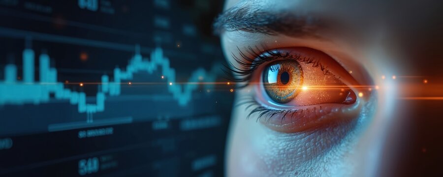 Close-up of human eye with futuristic digital interface. Eye tracking technology analyzes human perception. Person gaze interacts with virtual graphics, charts on screen. Data visualization