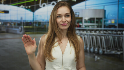 Fototapeta premium Woman in white sleeveless dress holds finger to lips for silence at modern airport terminal; serenity.