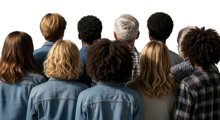 Group of diverse people standing close together, seen from the back. isolated on white or transparent background