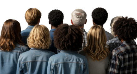 Group of diverse people standing close together, seen from the back. isolated on white or transparent background