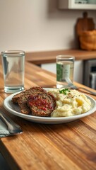 kitchen counter simple cozy weeknight casual plate meatloaf mashed potatoes dinner approachable  
