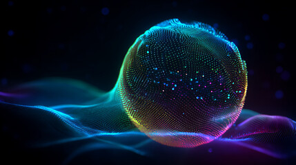 Digital Abstract Sphere: An abstract digital sphere hovers amidst flowing, colorful waveforms, creating an ethereal and modern visual.