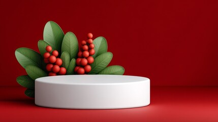 Colorful display with red and green foliage on a white round pedestal against a bold red background for decoration