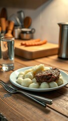 meatloaf mashed potatoes casual dinner weeknight simple cozy approachable plate kitchen counter  
