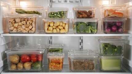 Organized Refrigerator With Fresh Vegetables And Meals In Transparent Containers. Meal Prep And Healthy Eating