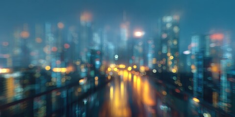 Blurred Cityscape At Night With Colorful Lights. Urban Skyline With Vibrant Reflections