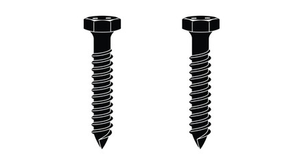 Two black hex head screws with threads displayed on a white background