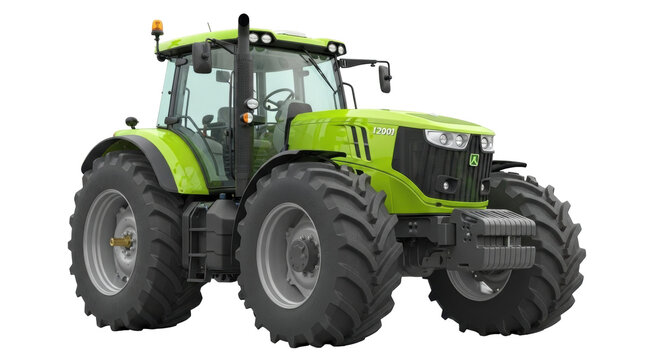 Isolated green agricultural tractor at studio, modern farming machine used in agriculture work