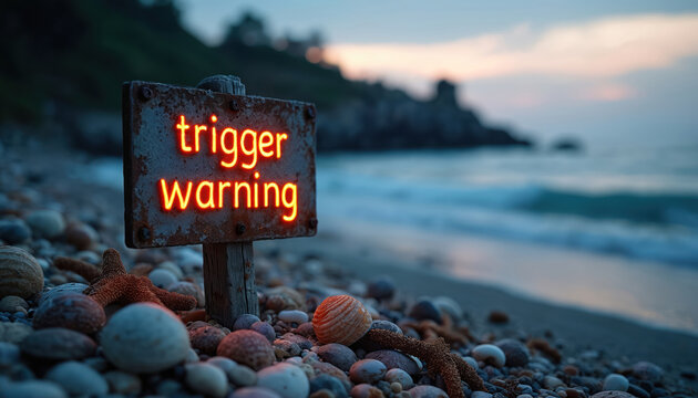 A rustic sign with glowing trigger warning text stands on a pebble beach. Seashells and starfish lie on the shore at dusk. Gentle ocean waves wash rocky coastline under a tranquil twilight sky.