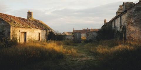 Abandoned Rural Cottages With Overgrown Grass In Evening Light. Nostalgic Scene Of Decay And Nature Reclaiming Space
