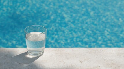 Glass Of Water On Poolside Edge With Blue Water Background. Refreshing Summer Hydration Concept