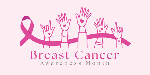 Breast cancer awareness month - Long pink ribbon awareness waving between line hands raised with heart paint vector design