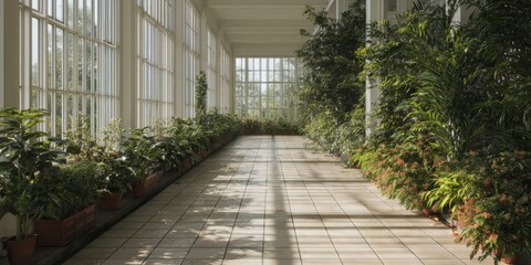 Greenhouse Interior With Lush Plants And Large Windows. Serene Botanical Environment For Plant Growth And Relaxation