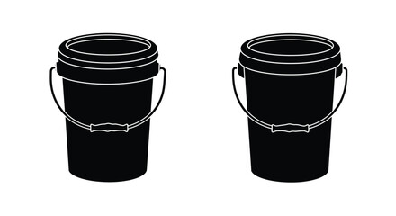 Two black plastic buckets with handles simple outline illustration style