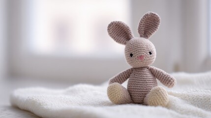 Crocheted Bunny Toy On Soft Blanket In Bright Room. Handmade Craft For Children'S Comfort And Play