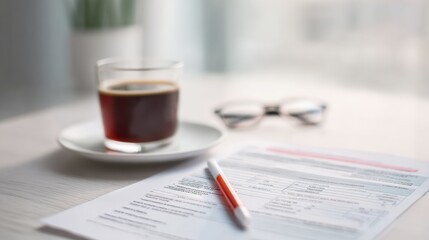 Documents And Coffee On A Desk With Glasses. Office Work And Productivity Setting