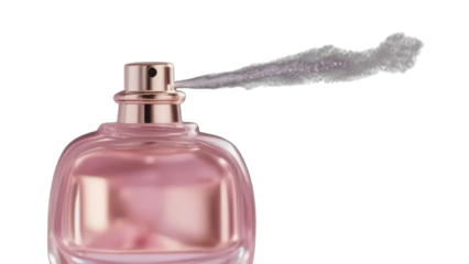 A pink nail polish next to a clear glass bottle of perfume is isolated on a white background, highlighting the beauty and luxury of the cosmetics