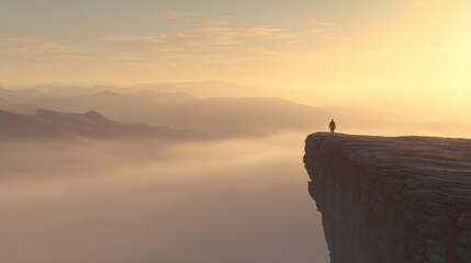Solitary Figure On Cliff Edge Overlooking Misty Mountain Range At Sunrise. Contemplation And Solitude In Nature