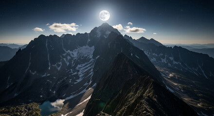 Majestic mountain range illuminated by a bright full moon, creating a dramatic and aweinspiring night landscape with starry sky