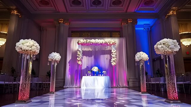 Elegant Wedding Venue: Aisle Decor with White Flowers and Soft Blue Lighting