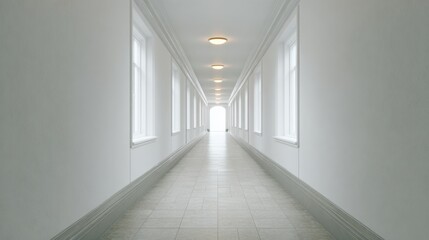 Bright, Minimalist Hallway With Symmetrical Windows And Ceiling Lights. Architectural Design Emphasizing Symmetry And Light