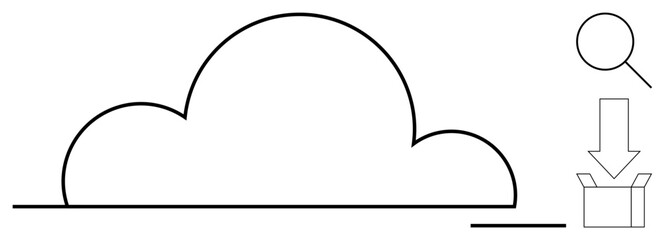 Large cloud with magnifying glass, downward arrow directing into box. Ideal for data storage, file management, cloud computing, analysis, download, organization conceptual technology. Simple flat