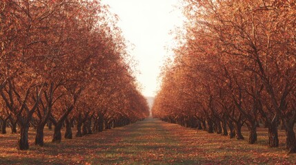 Orchard Of Trees With Vibrant Autumn Foliage In Golden Sunlight. Capturing The Essence Of Fall'S Beauty And Tranquility