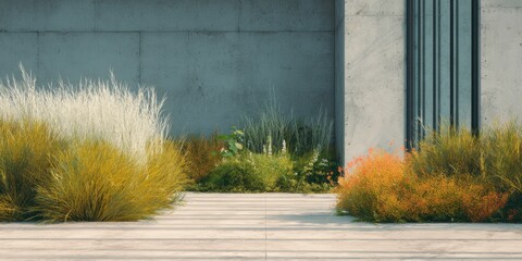 Modern Architectural Garden With Ornamental Grasses And Concrete Wall. Urban Landscape Design Blending Nature And Structure