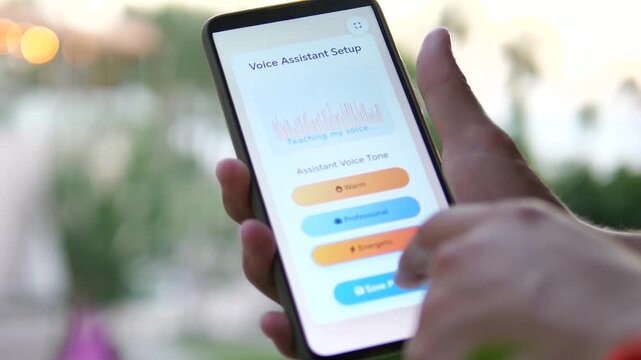 A man's hands customize a voice assistant on a smartphone, browsing through different voice tone options, listening to samples, and finally saving his preferred choice. 