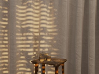  Symmetric tea set mockup table with ceramic cups and blinds shadow on sheer curtain