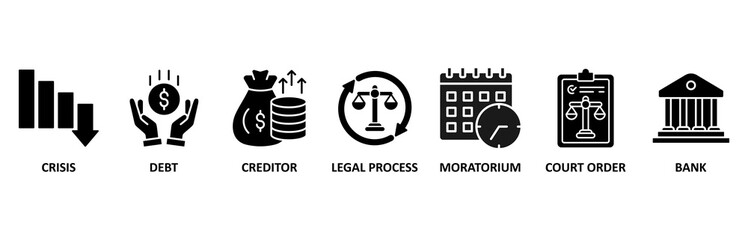 Bankruptcy icon set vector illustration for crisis, debt, creditor, legal process, moratorium, court order, and bank