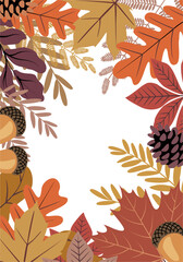 Autumn leaf border with oak leaves, pinecones, and acorns in warm fall colors. Circular frame design with detailed veining and layered natural shapes on transparent background