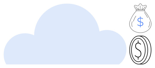 Cloud with adjacent dollar coin and money bag visualizing financial security, savings, and digital economy. Ideal for finance, technology, online savings, data management, budgeting, cloud economy