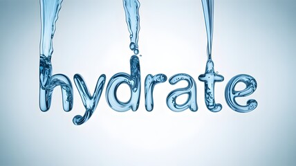 The image shows the word 'hydrate' made of water, emphasizing the importance of hydration.
