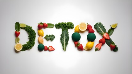 Fruits and vegetables form the word 'detox', symbolizing health and cleansing.
