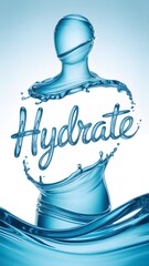 Water figure with 'hydrate' text symbolizes hydration and wellness.