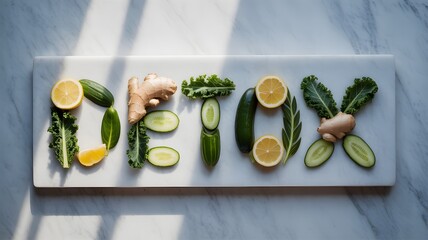 Vegetables and fruits form the word 'detox', symbolizing health and cleansing.