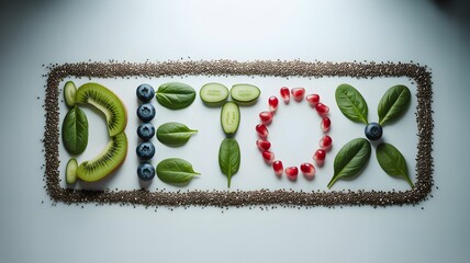 Fruits and leaves form the word 'detox', symbolizing health and cleansing.