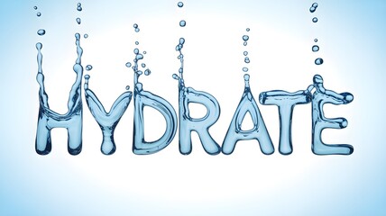 The word 'hydrate' formed by water droplets, symbolizing the importance of hydration.