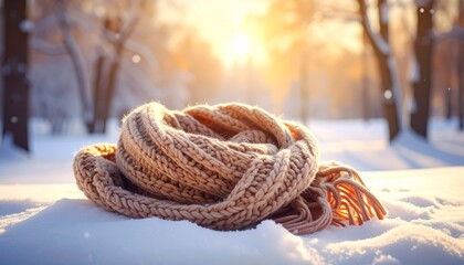 Knitted winter scarf and hat placed on snow with sunlit trees in serene outdoor setting for editorial lifestyle photography seasonal warmth and cozy fashion-themed visuals
