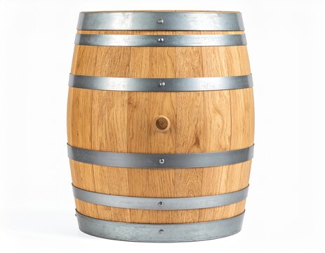 Wooden barrel with vertical staves and silver metal hoops on white background for editorial product photography traditional craftsmanship and beverage aging-themed visuals
