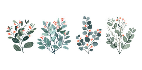 Vector Illustration of Green Botanical Branches with Small Red Flowers in Minimal Flat Style for Natural Design and Decoration