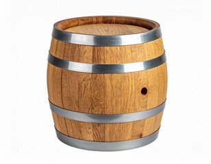 Fototapeta premium Wooden barrel with vertical staves and silver metal hoops on white background for editorial product photography traditional craftsmanship and beverage aging-themed visuals