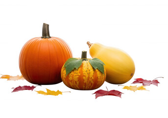 Orange yellow gourds autumn leaves isolated on a transparent background