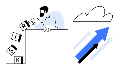 Person carefully places blocks spelling RISK while arrows point upward and a cloud floats nearby. Ideal for strategy, growth, leadership, decision-making, success, risk management, innovation. Simple