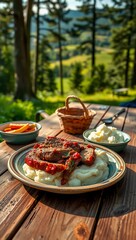 meatloaf mashed potatoes picnic outdoor countryside casual rustic enamelware wooden table greenery  
