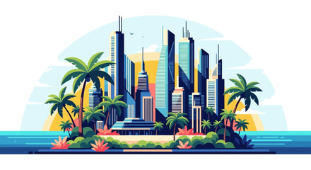 Obraz premium Vibrant urban skyline illustration on a tropical paradise island.