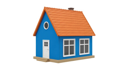 Isolated cartoon house, blue walls and orange roof, small chimney on top, model home